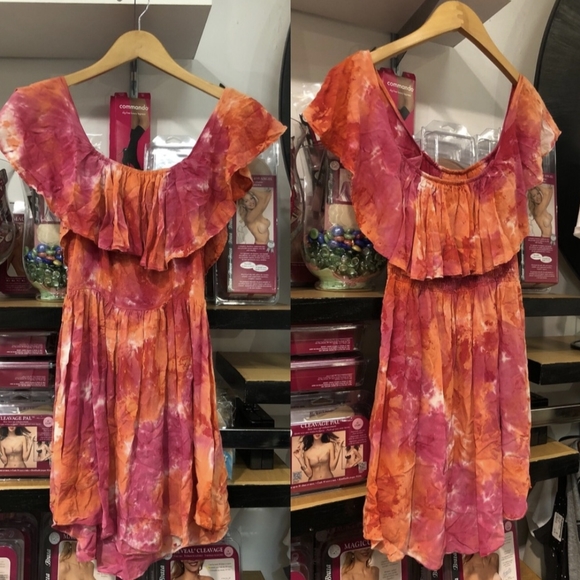Tie Dye Pink Orange Ruffle Off Shoulder Mini Dress - Picture 3 of 6
